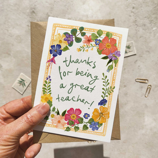 Bright and Colourful Festive Floral Yellow Thank You Teacher Card and Envelope