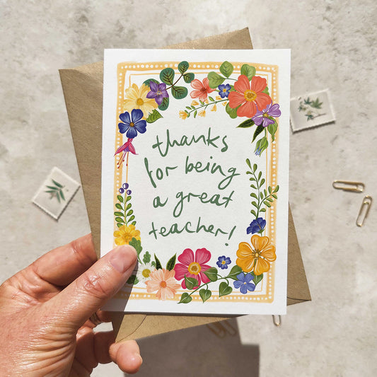 Bright and Colourful Festive Floral Yellow Thank You Teacher Card and Envelope