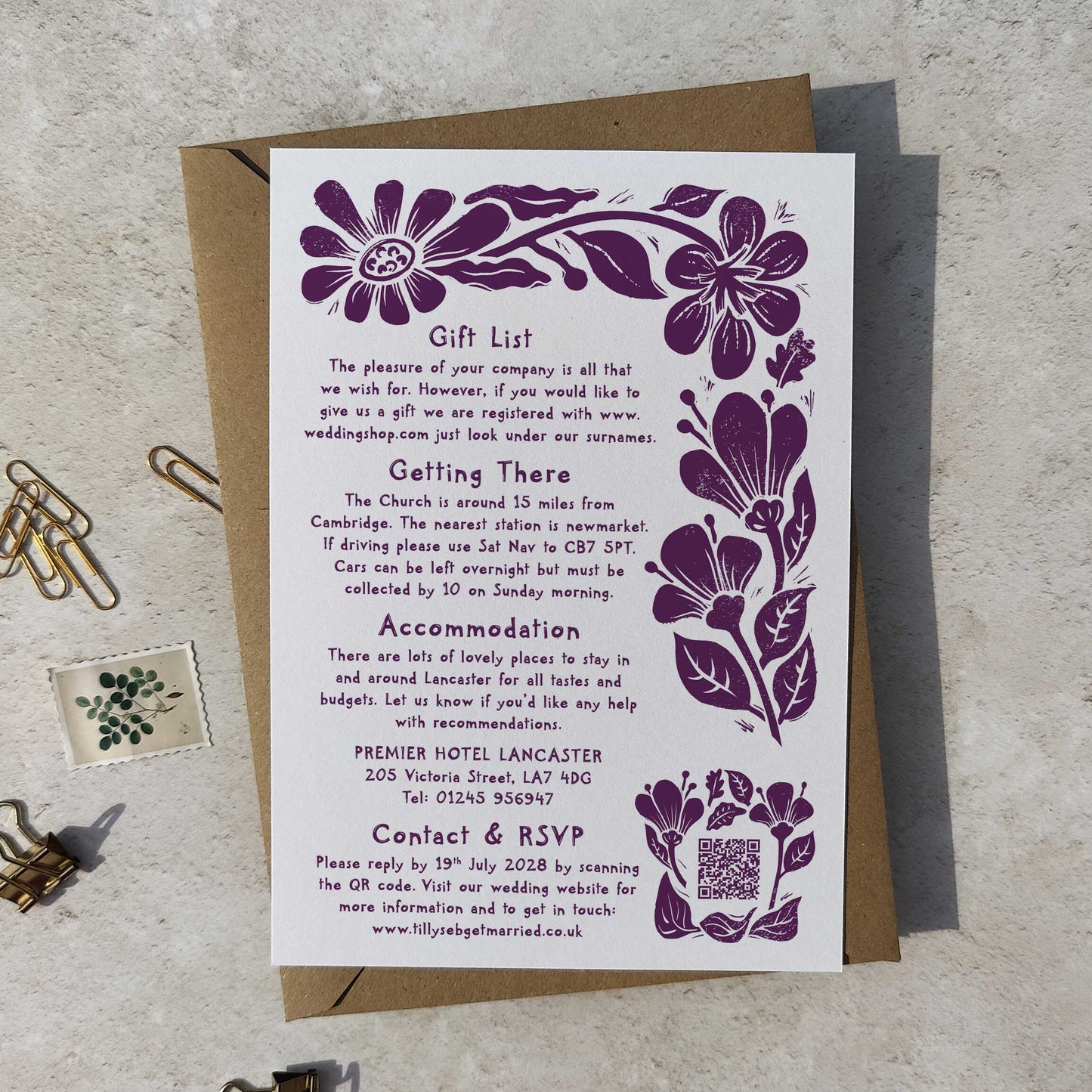 Carved Blooms A5 Wedding Invitation – Personalised with Optional Guest Information