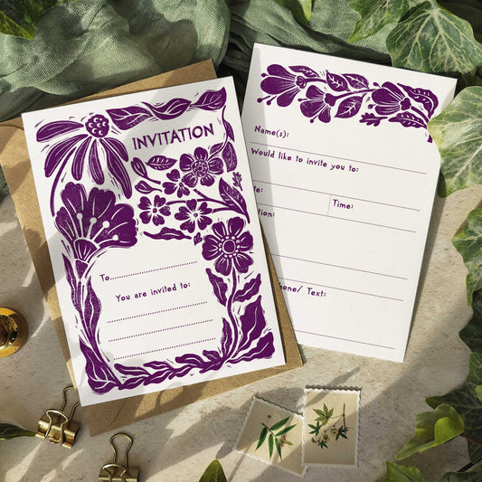 10 x Carved Blooms Linocut Ready To Write Invitations