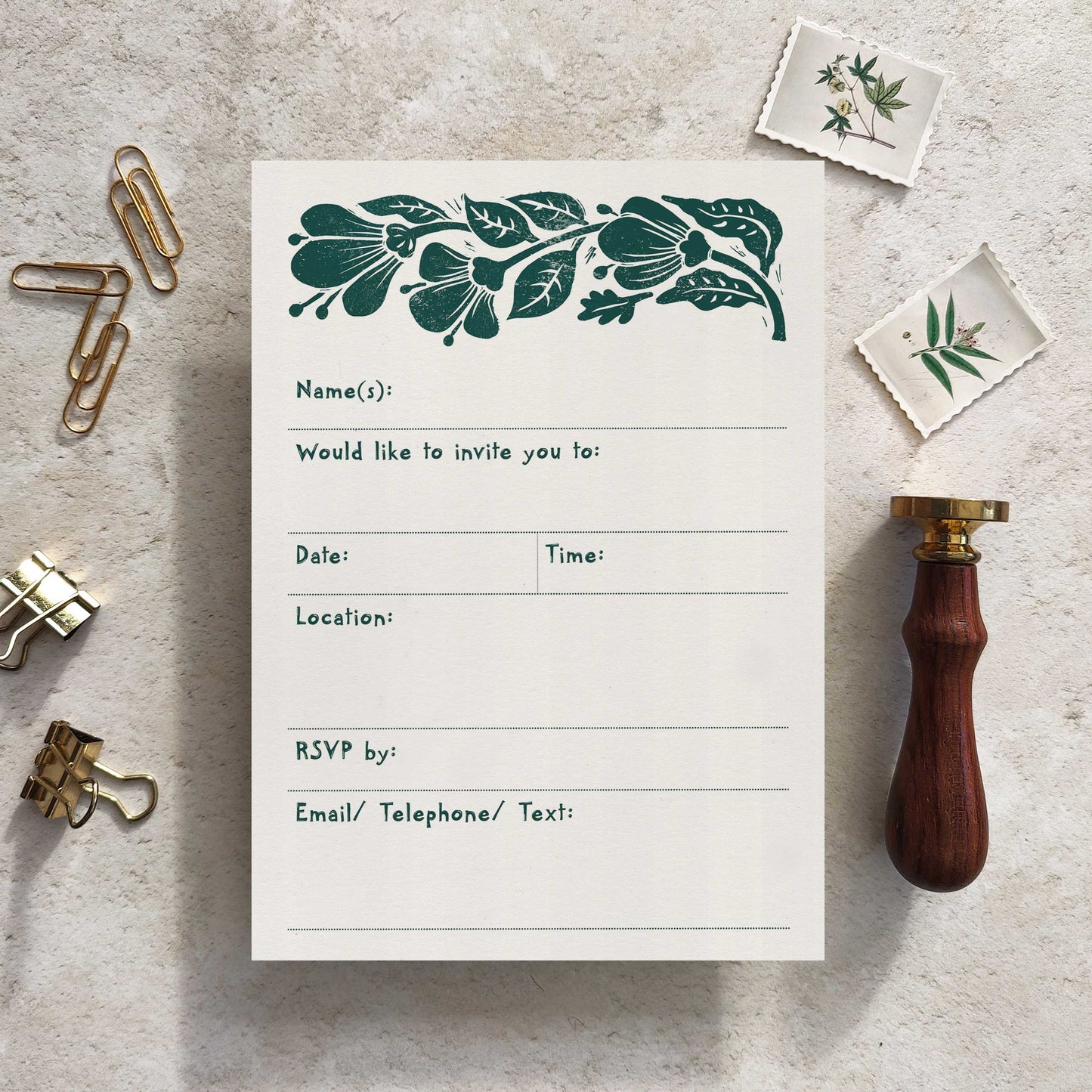 10 x Carved Blooms Linocut Ready To Write Invitations