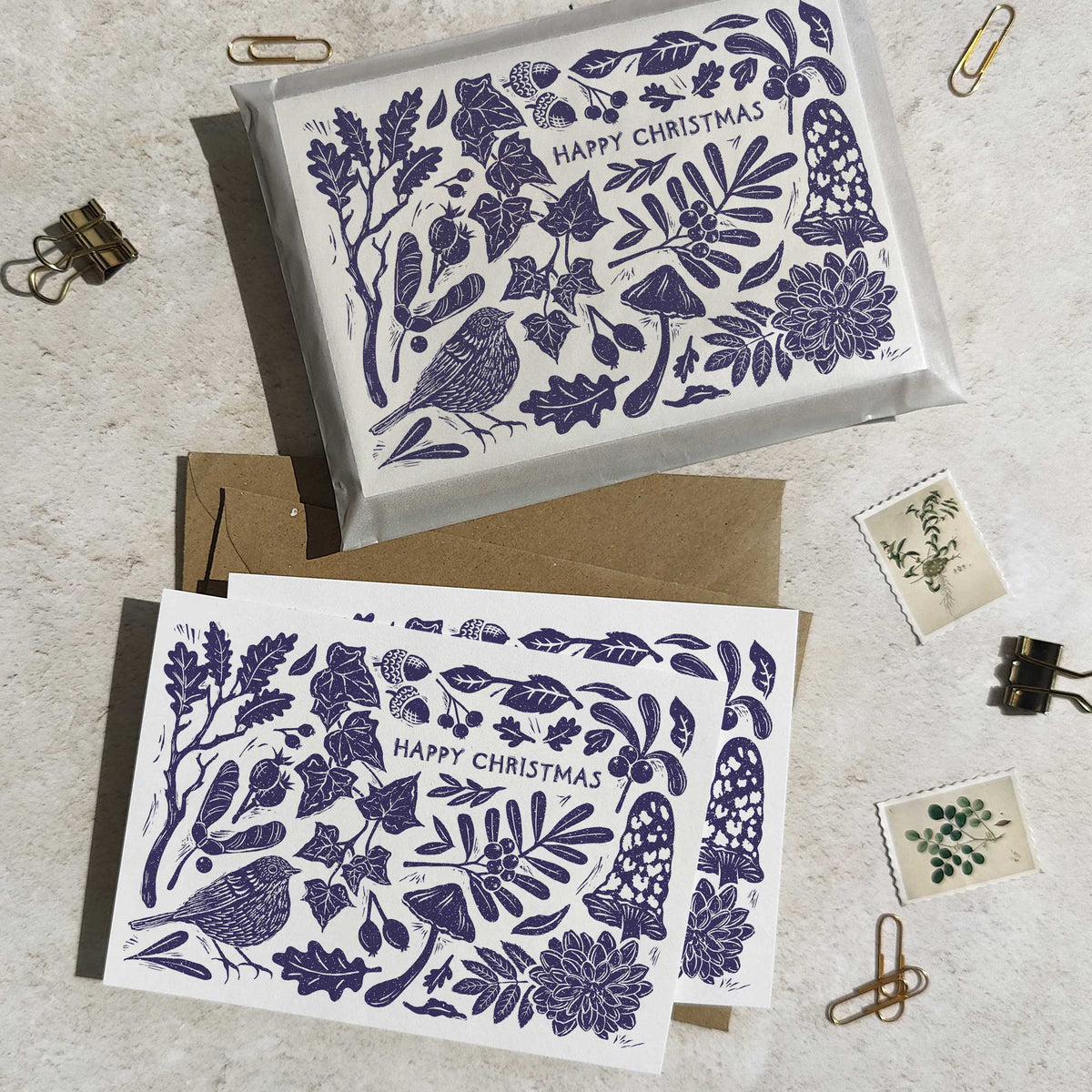 Linocut Christmas Cards annd Envelopes | Choice of Colour