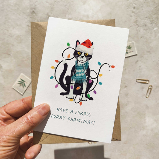 Tuxedo Cat Christmas Hat Folded Card & Envelope