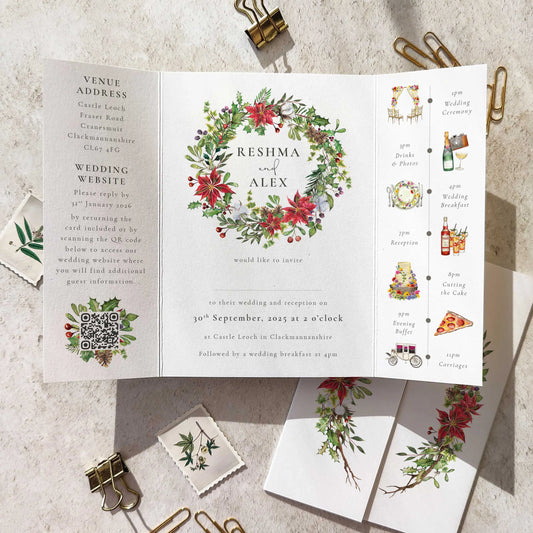 Wedding invitation card with floral design on a textured surface