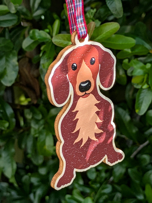 Dachshund Dog Hanging Wooden Christmas Tree Ornament