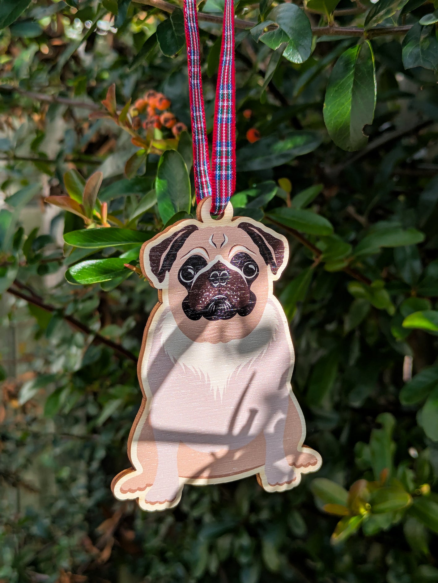 Pug Dog Hanging Wooden Christmas Tree Ornament