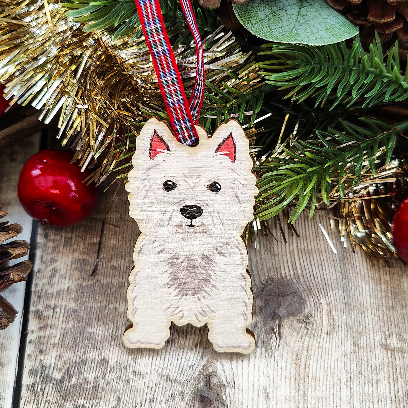 West Highland Terrier Dog Hanging Wooden Christmas Tree Ornament
