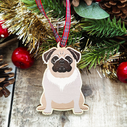 Pug Dog Hanging Wooden Christmas Tree Ornament