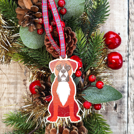 Boxer Dog Hanging Wooden Christmas Tree Ornament