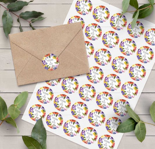 Colourful Flowers Personalised Name Stickers (35 stickers)