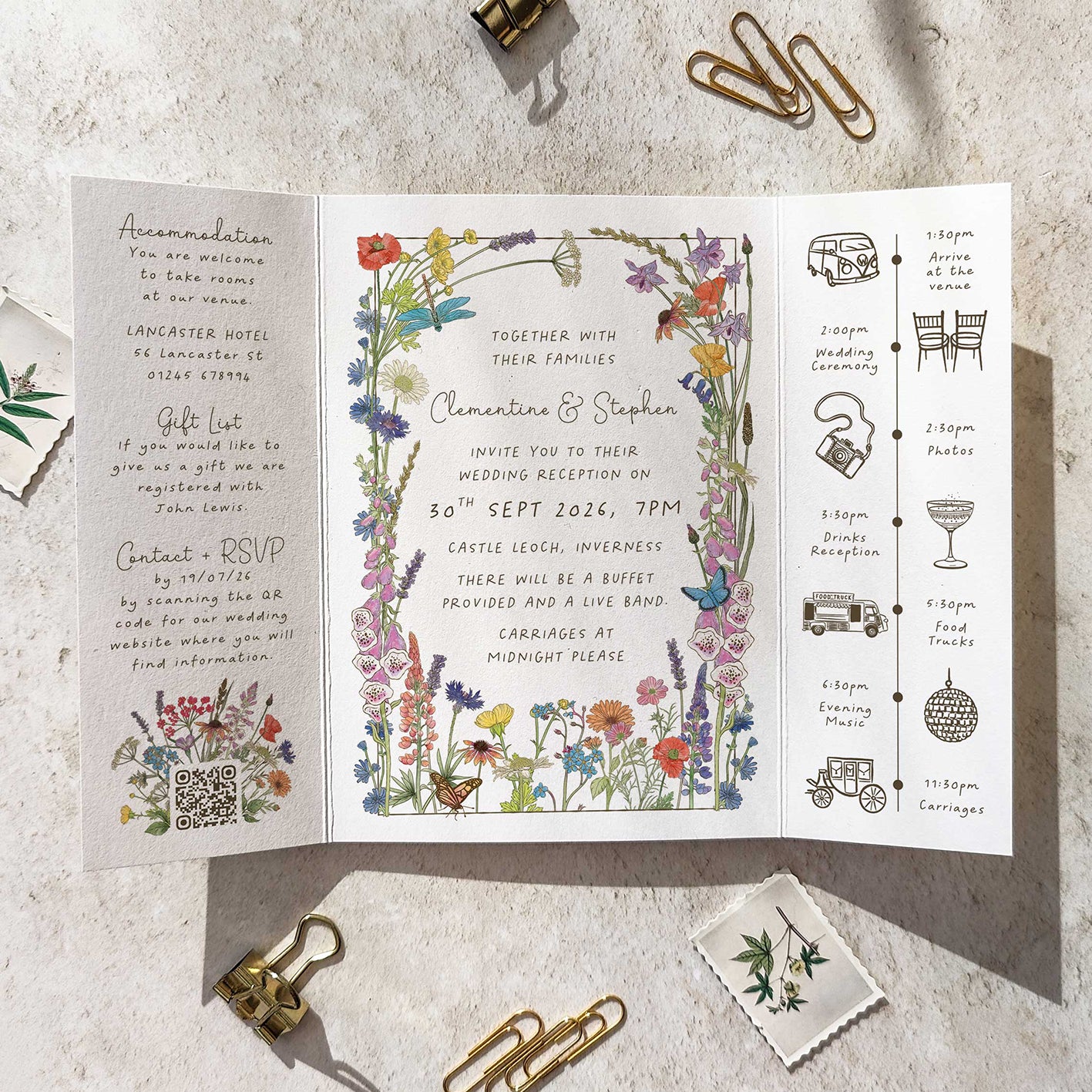 Cottage Garden Wildflowers Gate folded A6 Wedding Invitation