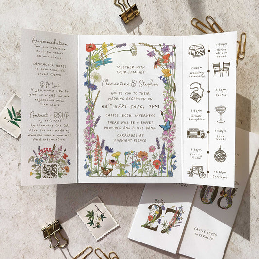 Cottage Garden Wildflowers Gate folded A6 Wedding Invitation