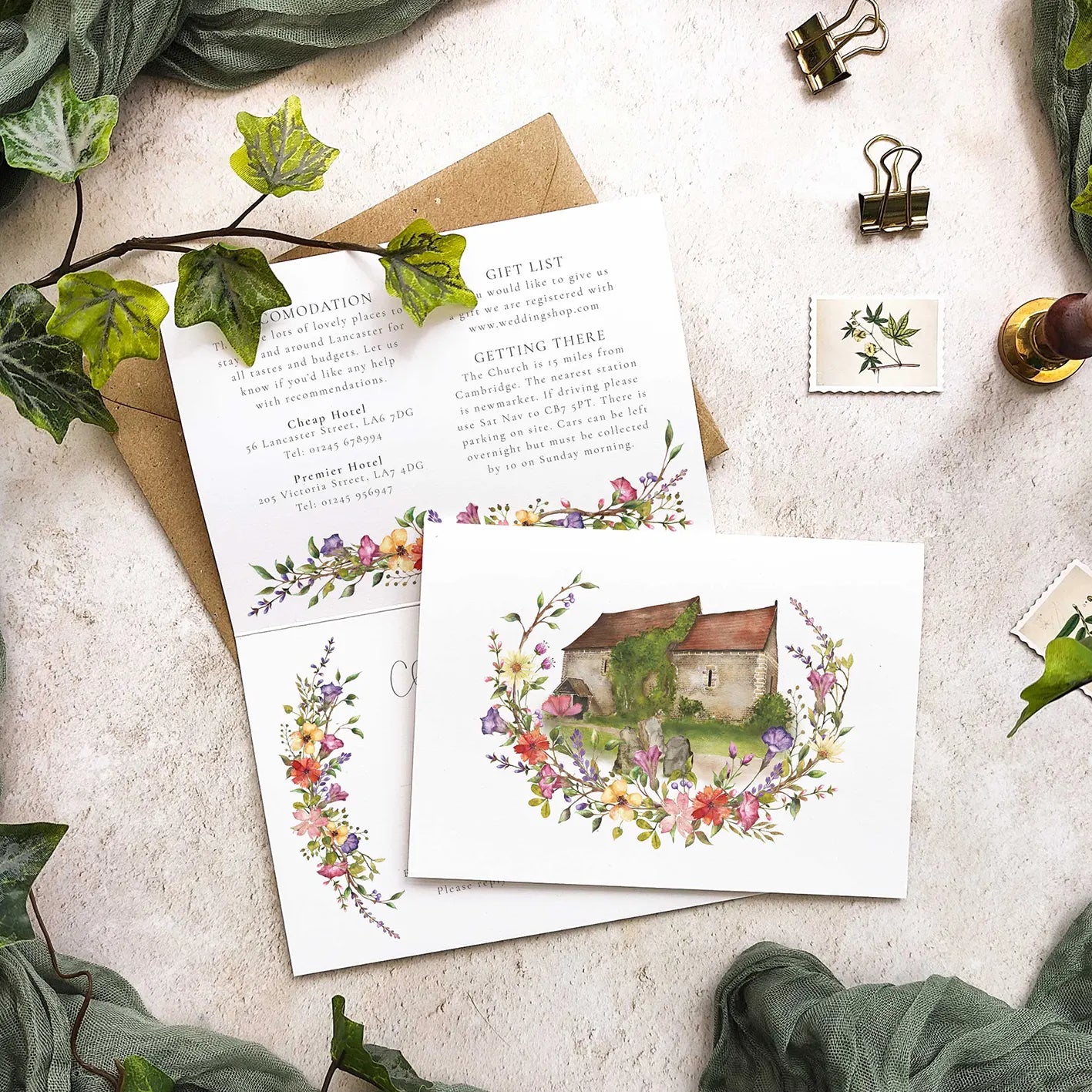 Delicate Floral Folded Invitation With Optional Venue Painting