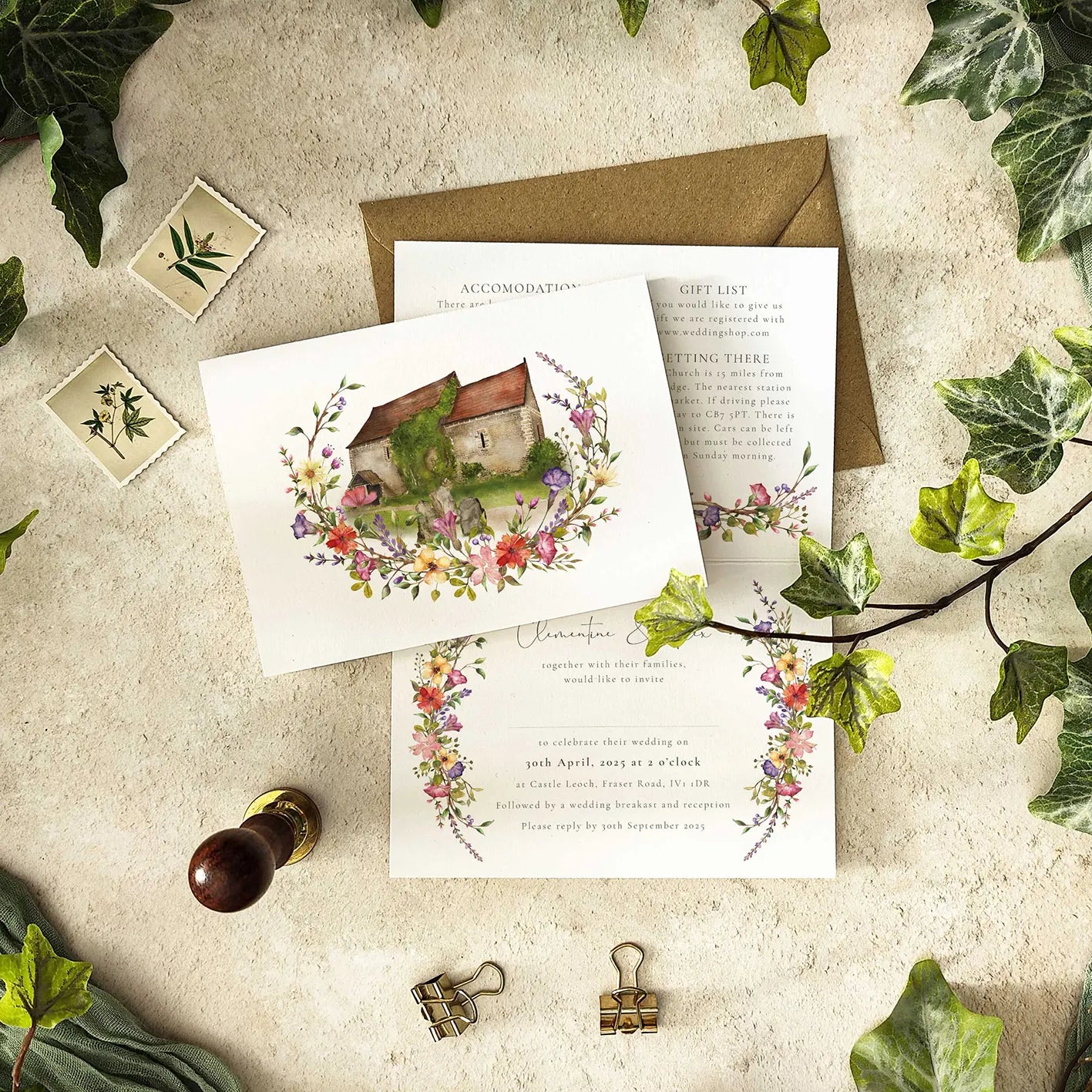 Delicate Floral Folded Invitation With Optional Venue Painting