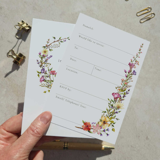 10 x Wildflower Ready To Write Invitations with Delicate Florals
