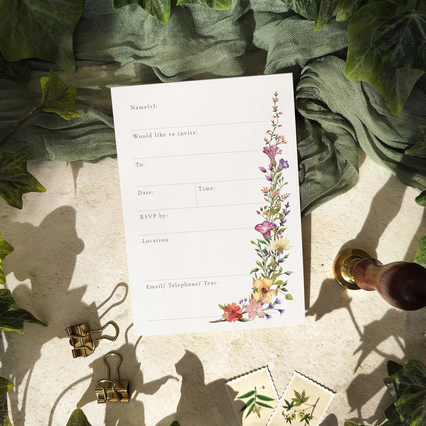10 x Wildflower Ready To Write Invitations with Delicate Florals