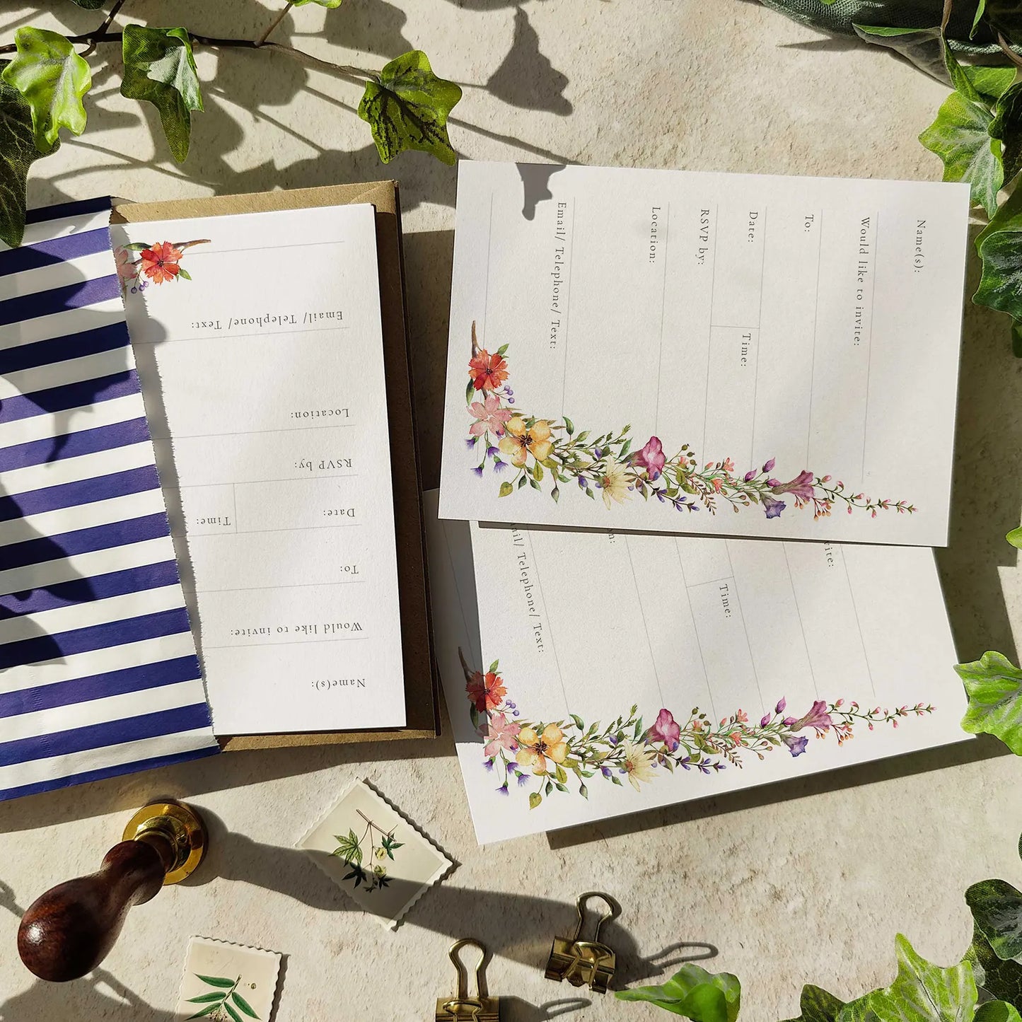 10 x Wildflower Ready To Write Invitations with Delicate Florals