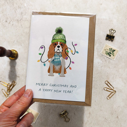 King Charles Spaniel in Christmas Hat Folded Card & Envelope