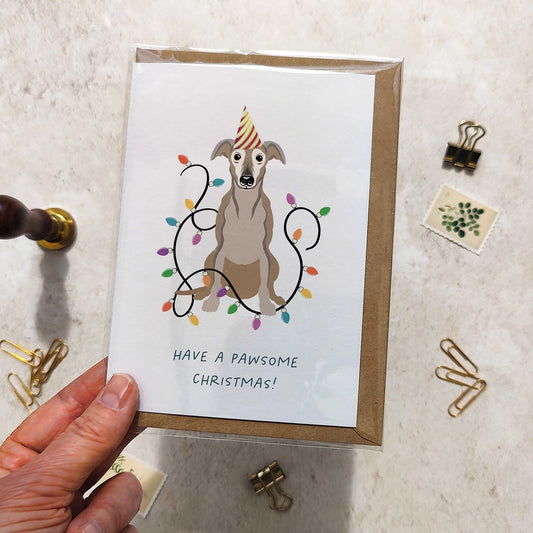 Greyhound in Christmas Hat Folded Card & Envelope