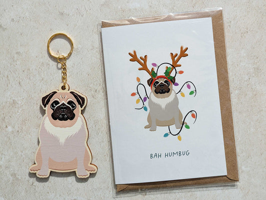 Pug Dog Wooden Keyring