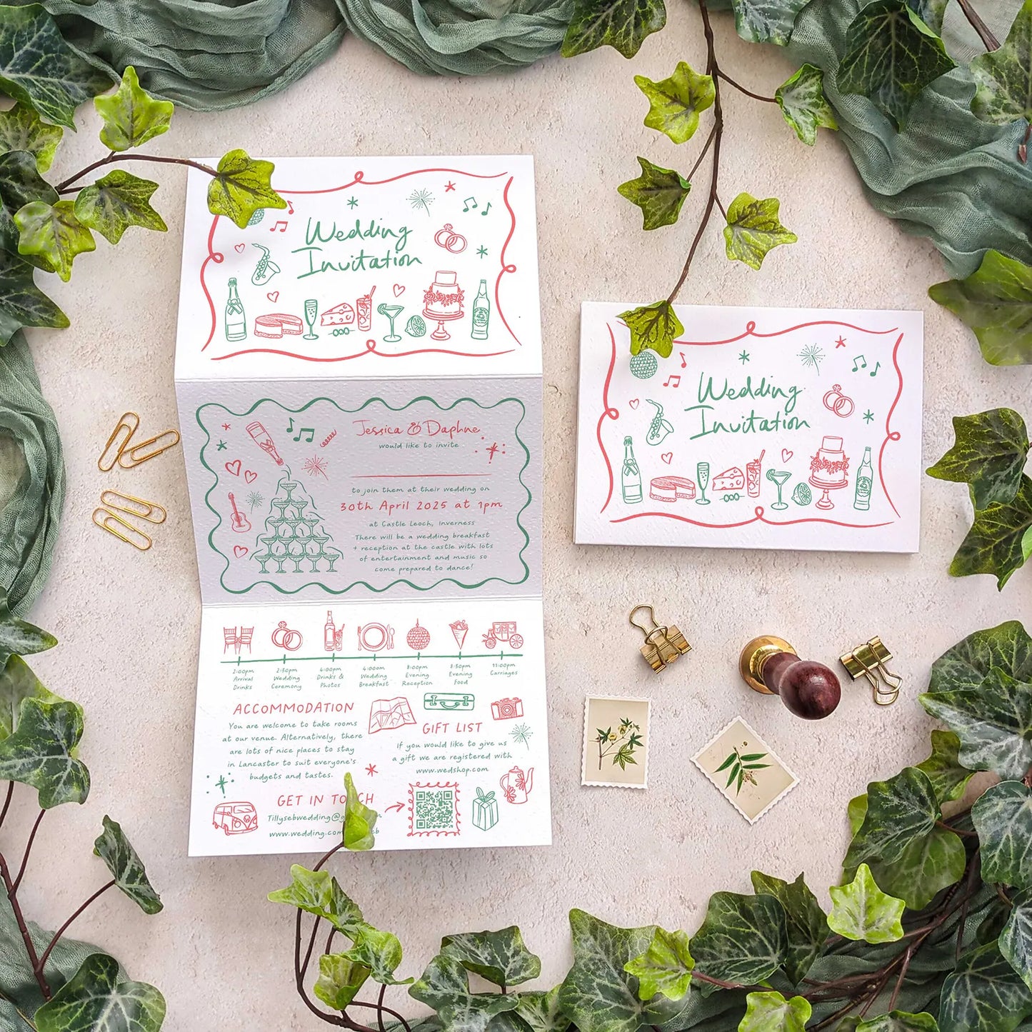 Wedding Doodles Portrait Concertina Invitation