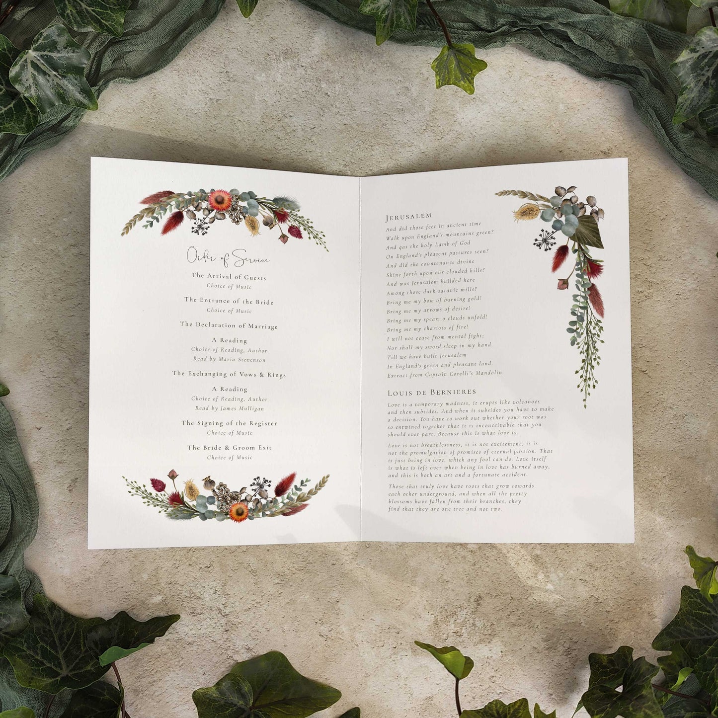 Dried Flowers Folded Order of Service Card