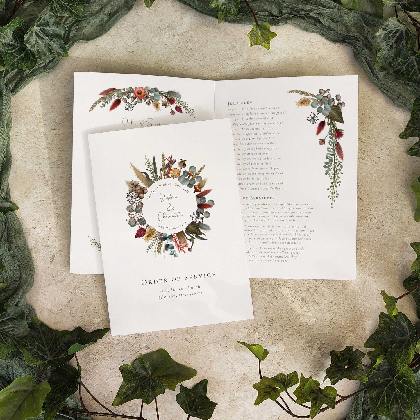 Dried Flowers Folded Order of Service Card