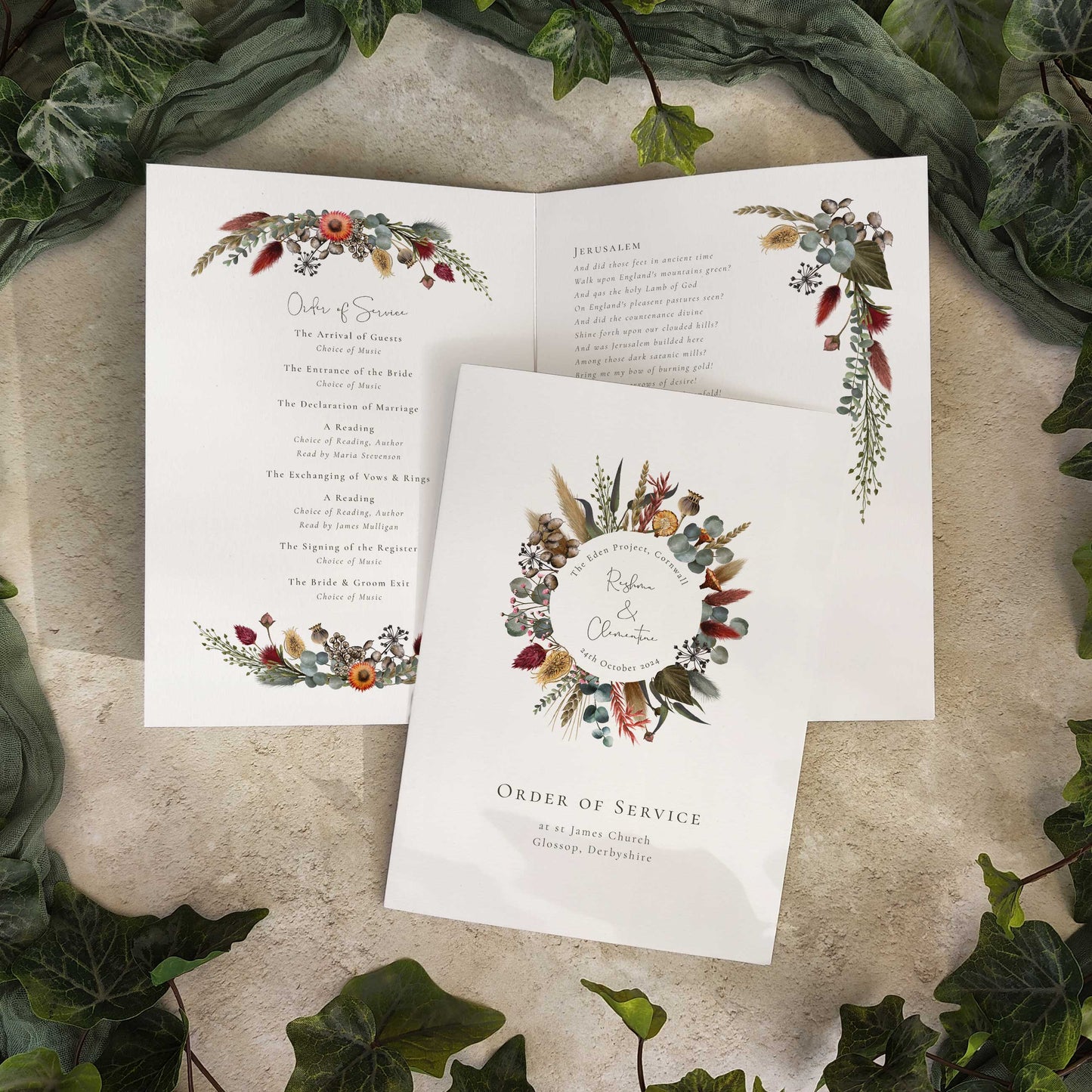 Dried Flowers Folded Order of Service Card