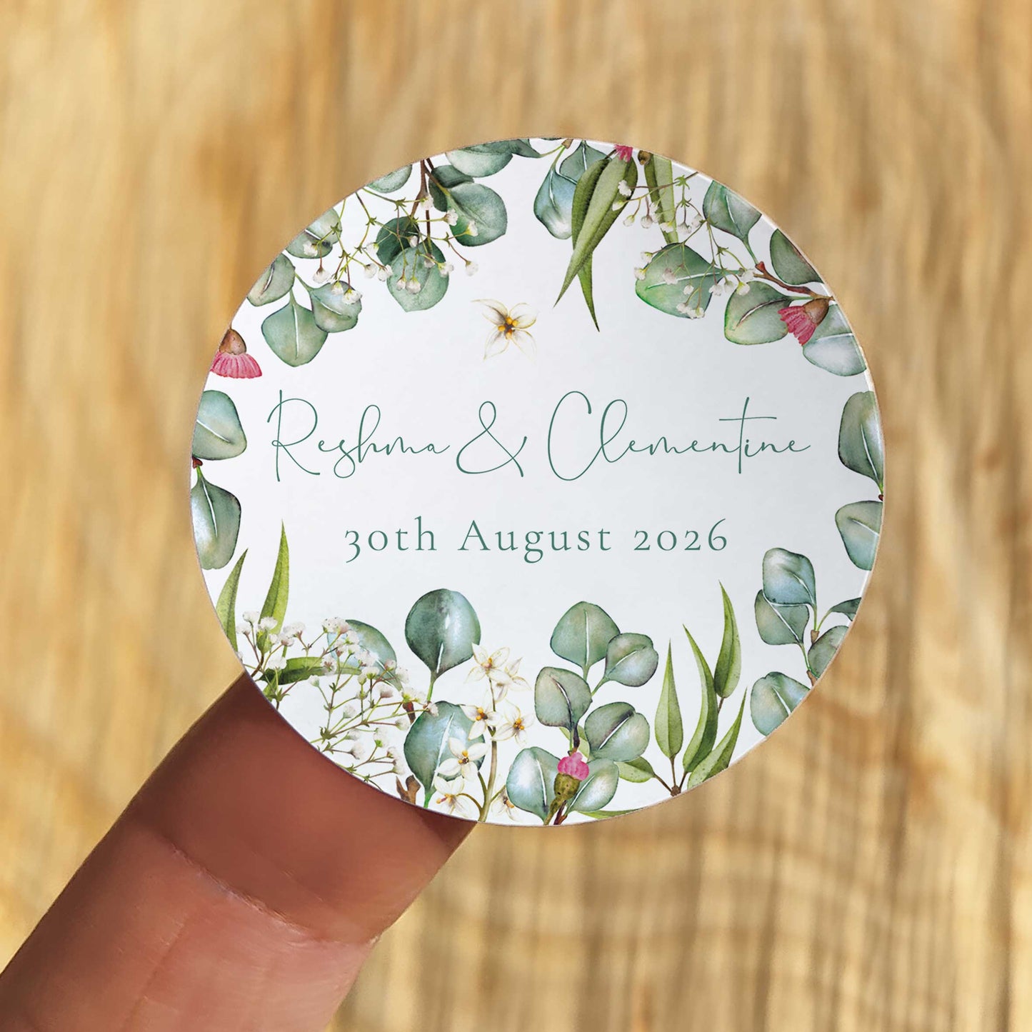 Eucalyptus Greenery and Gypsophila Personalised Name and Date Stickers (35 stickers)