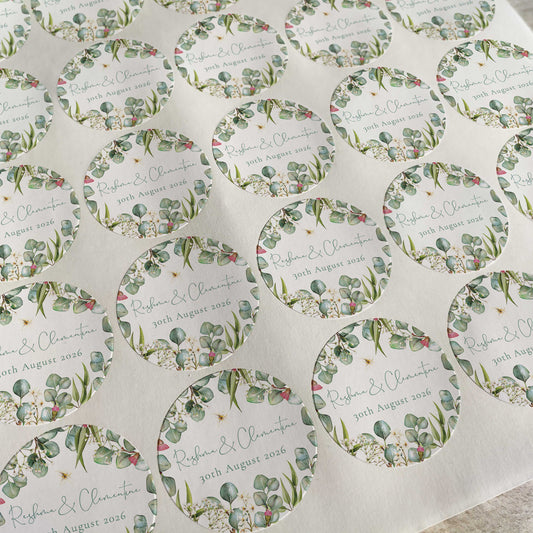 Eucalyptus Greenery and Gypsophila Personalised Name and Date Stickers (35 stickers)