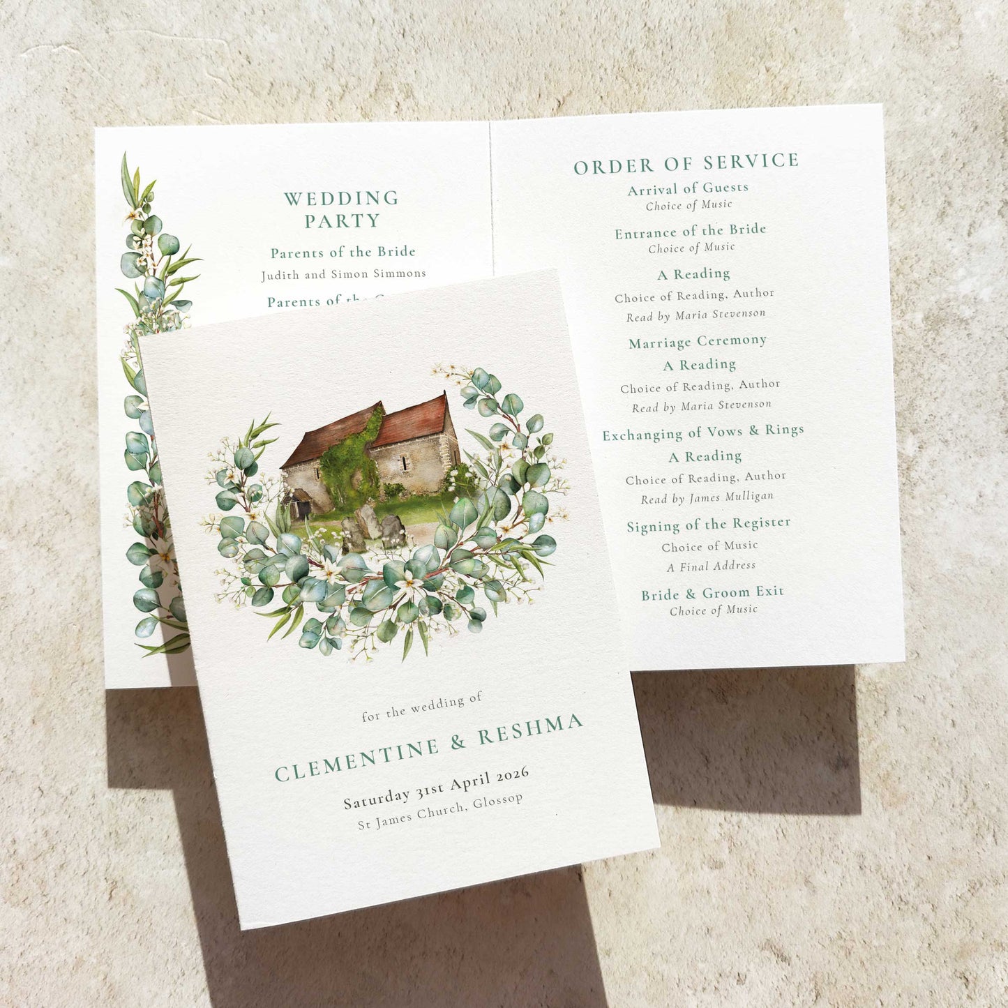 Eucalyptus and Gypsophila Folded Order of Service Card