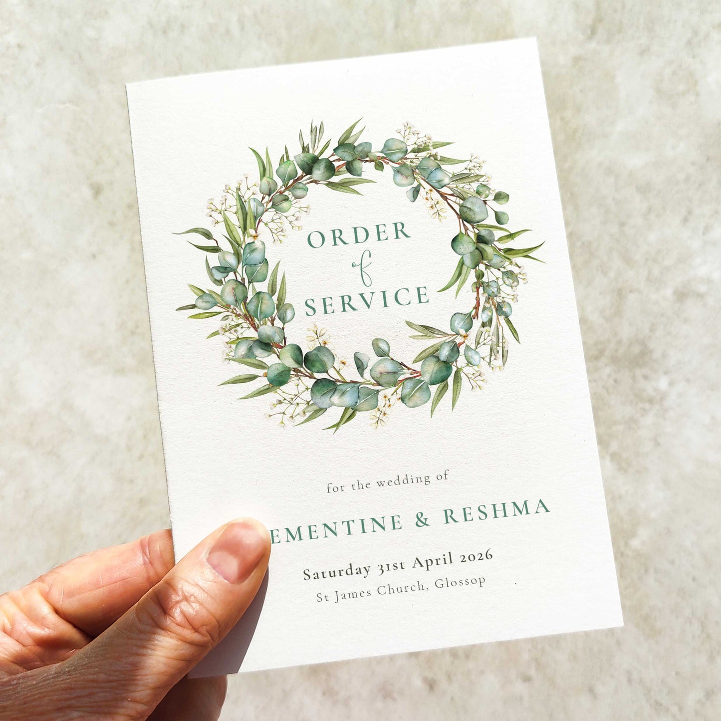 Eucalyptus and Gypsophila Folded Order of Service Card
