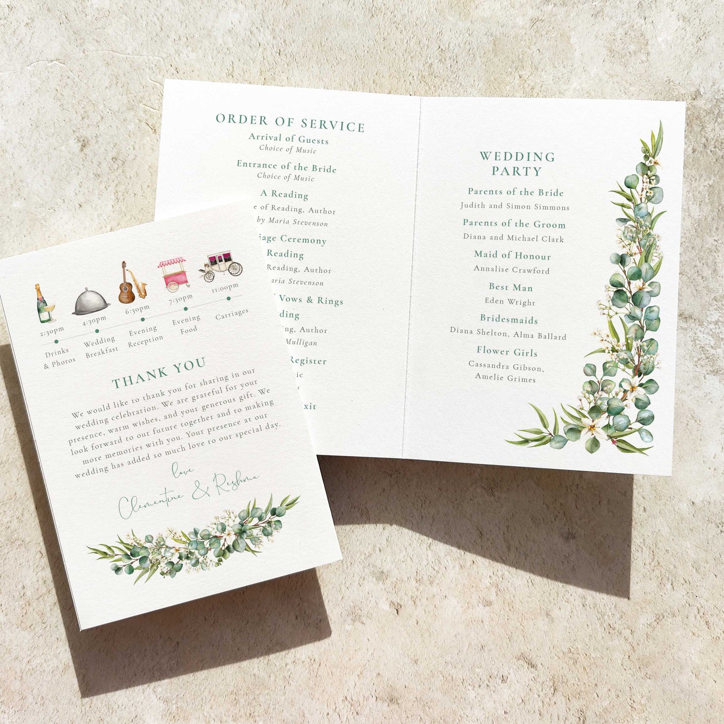 Eucalyptus and Gypsophila Folded Order of Service Card