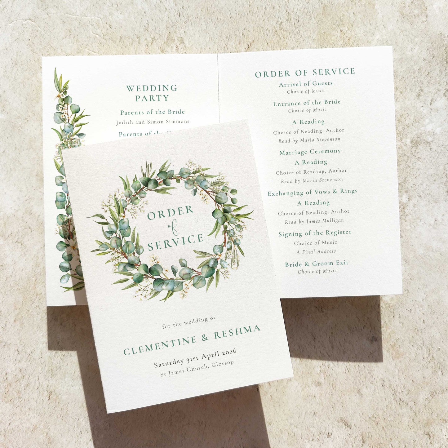 Eucalyptus and Gypsophila Folded Order of Service Card