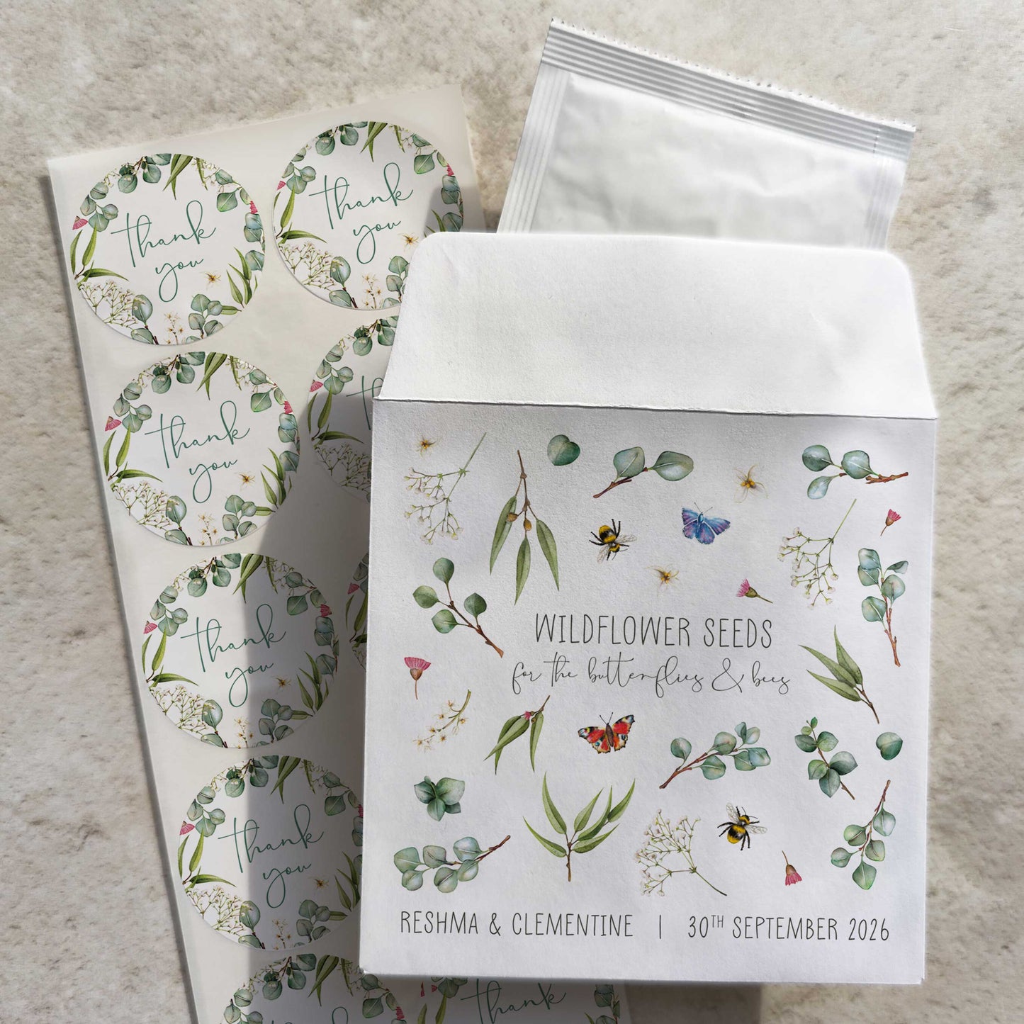 Eucalyptus Greenery and Gypsophila Wildflowers Seed Packet Favours (Butterflies and bees) (Pack of 10)