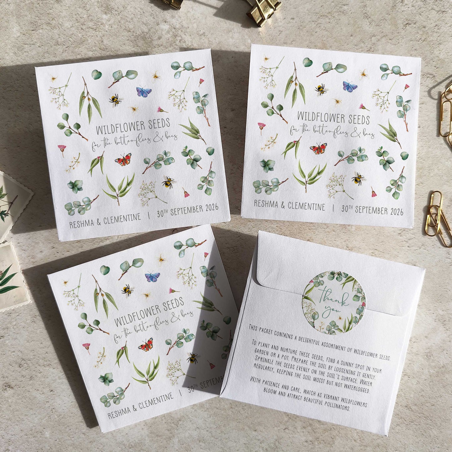 Eucalyptus Greenery and Gypsophila Wildflowers Seed Packet Favours (Butterflies and bees) (Pack of 10)