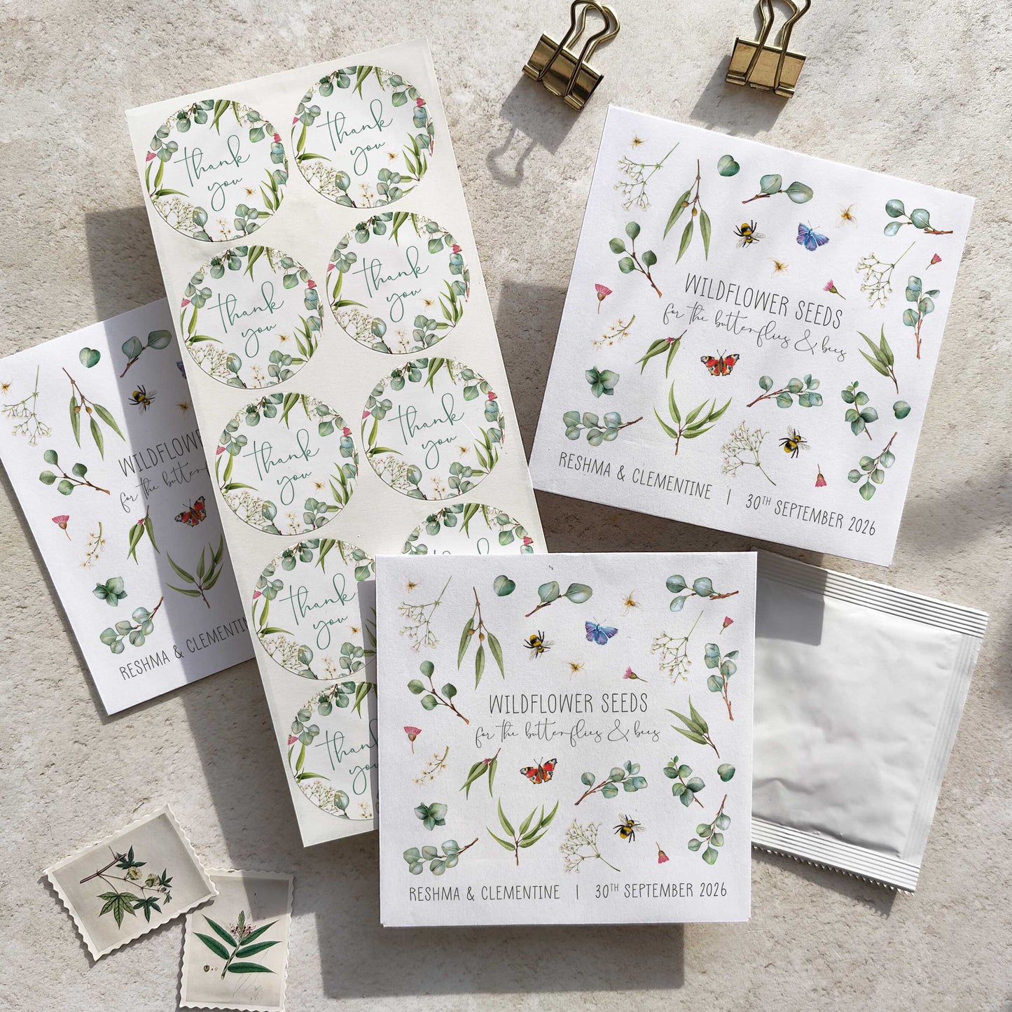 Eucalyptus Greenery and Gypsophila Wildflowers Seed Packet Favours (Butterflies and bees) (Pack of 10)