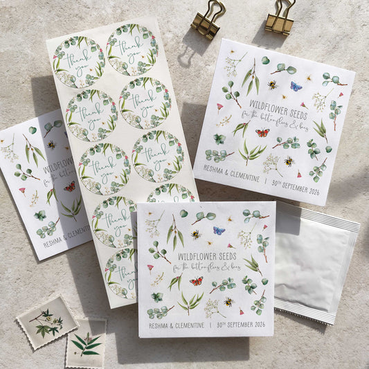 Eucalyptus Greenery and Gypsophila Wildflowers Seed Packet Favours (Butterflies and bees) (Pack of 10)
