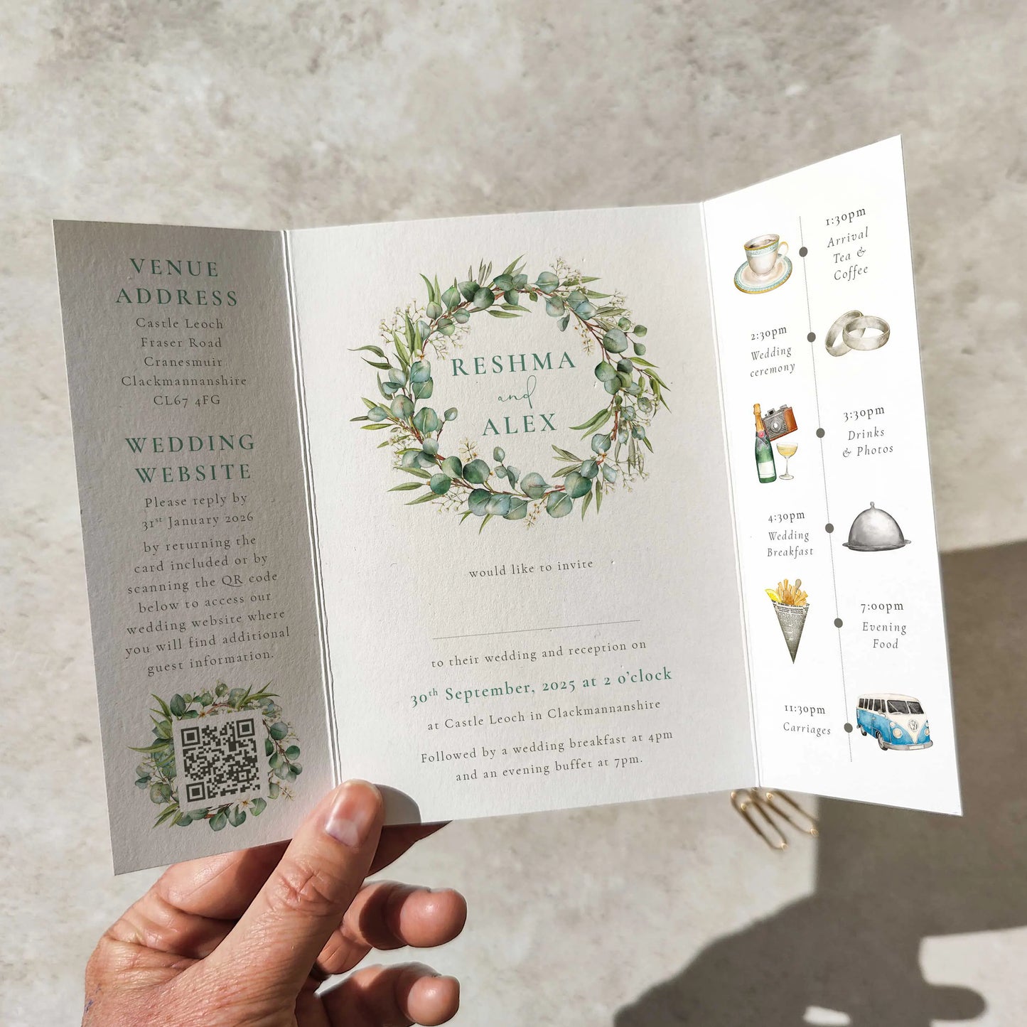 Eucalyptus and Gypsophila Gate folded A6 Wedding Invitation