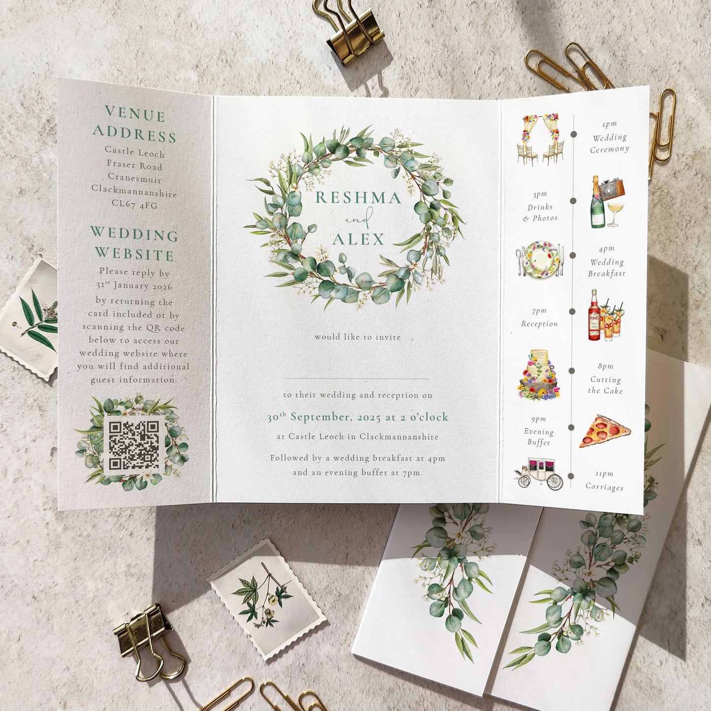 Eucalyptus and Gypsophila Gate folded A6 Wedding Invitation