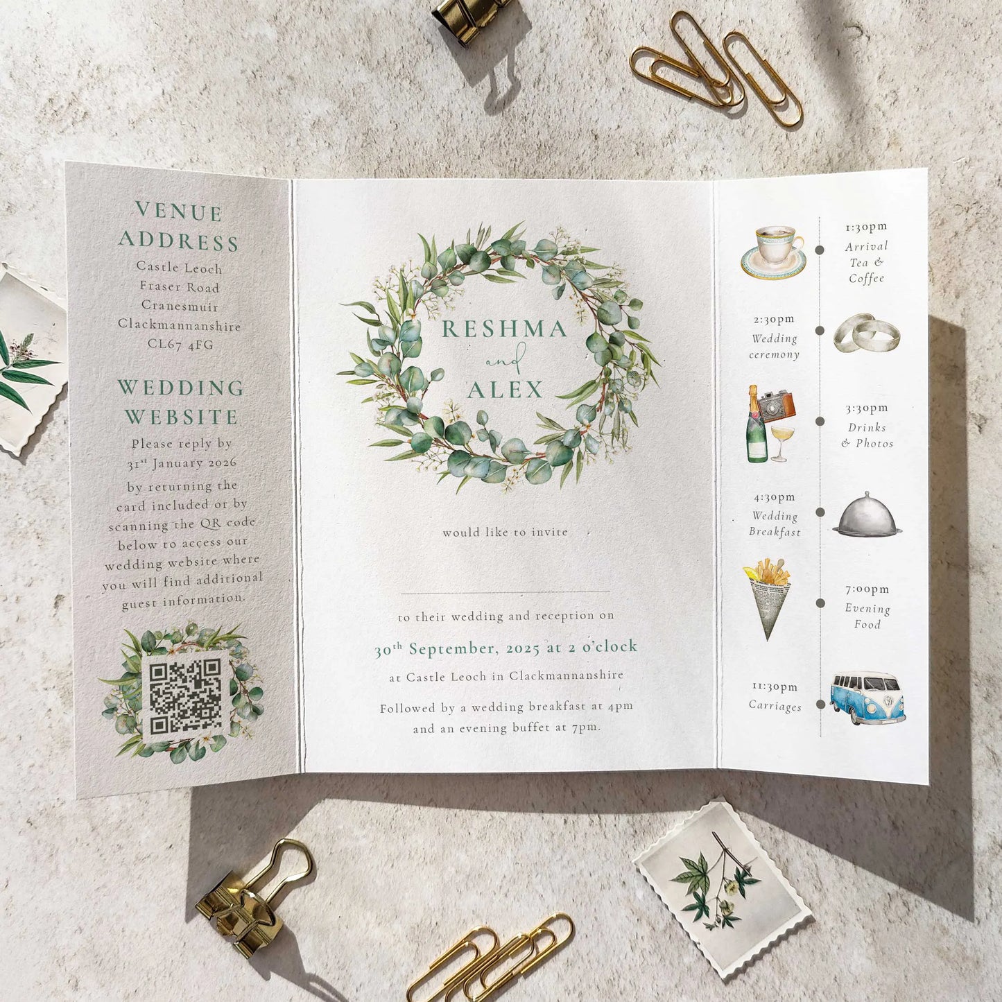 Eucalyptus and Gypsophila Gate folded A6 Wedding Invitation