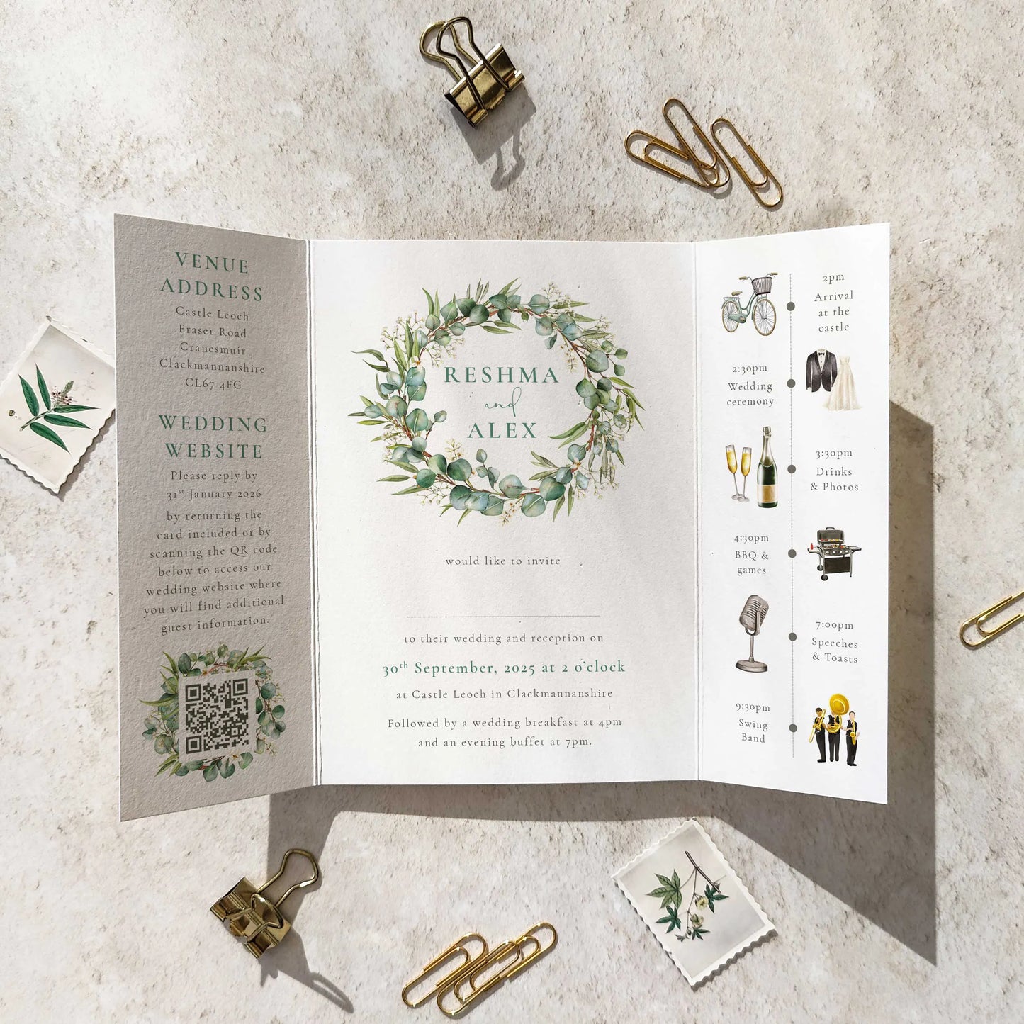Eucalyptus and Gypsophila Gate folded A6 Wedding Invitation