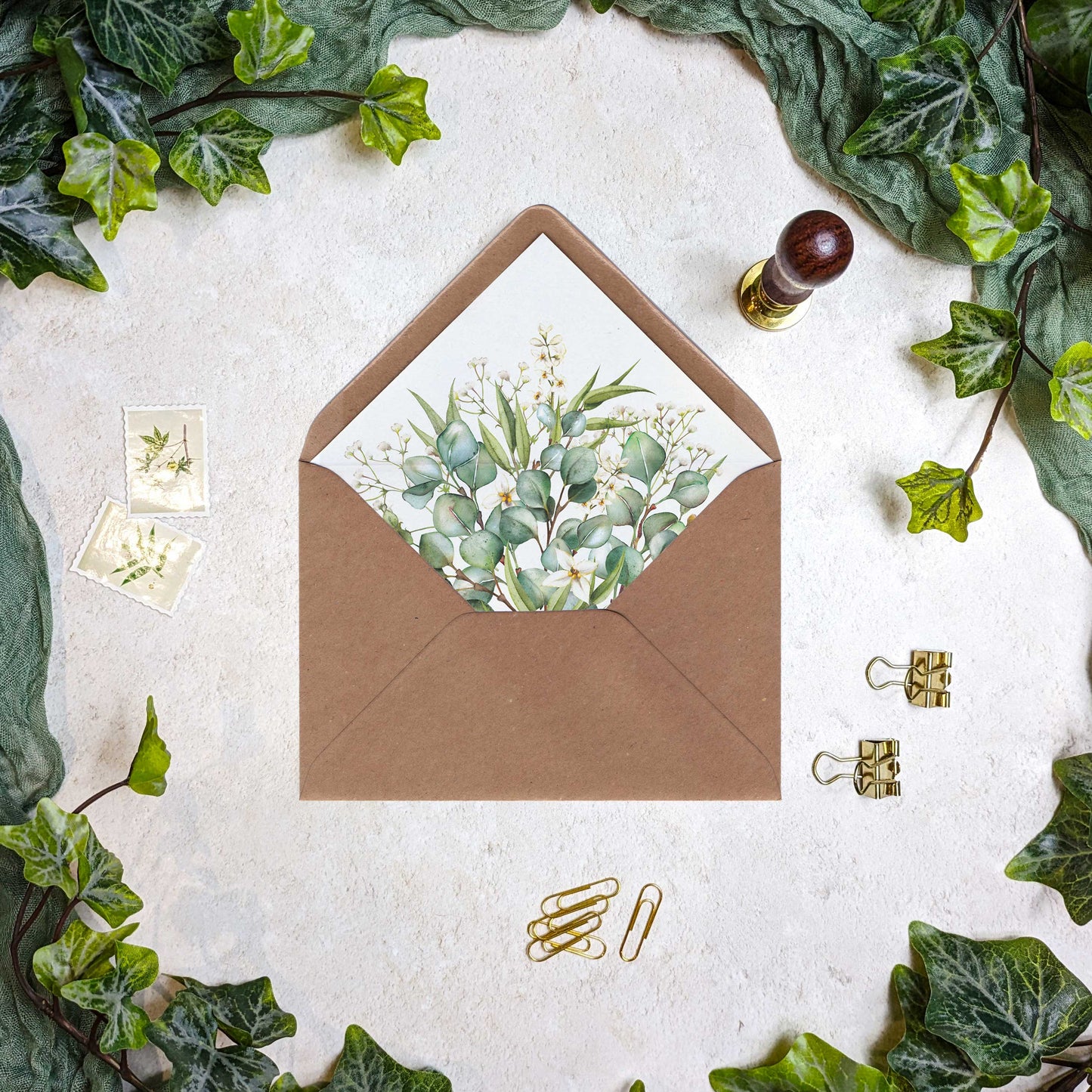 Eucalyptus and Gypsophila Gate folded A6 Wedding Invitation