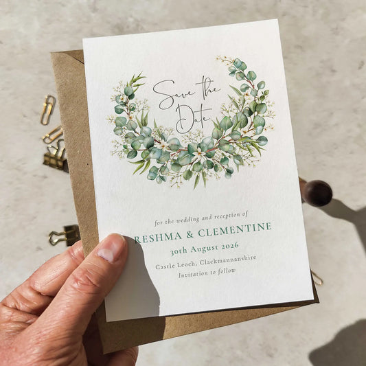 Eucalyptus and Gypsophila Save The Date Card