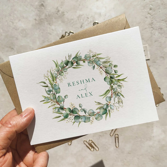 Eucalyptus and Gypsophila A6 Wedding Folded Invitation With Optional Venue Painting