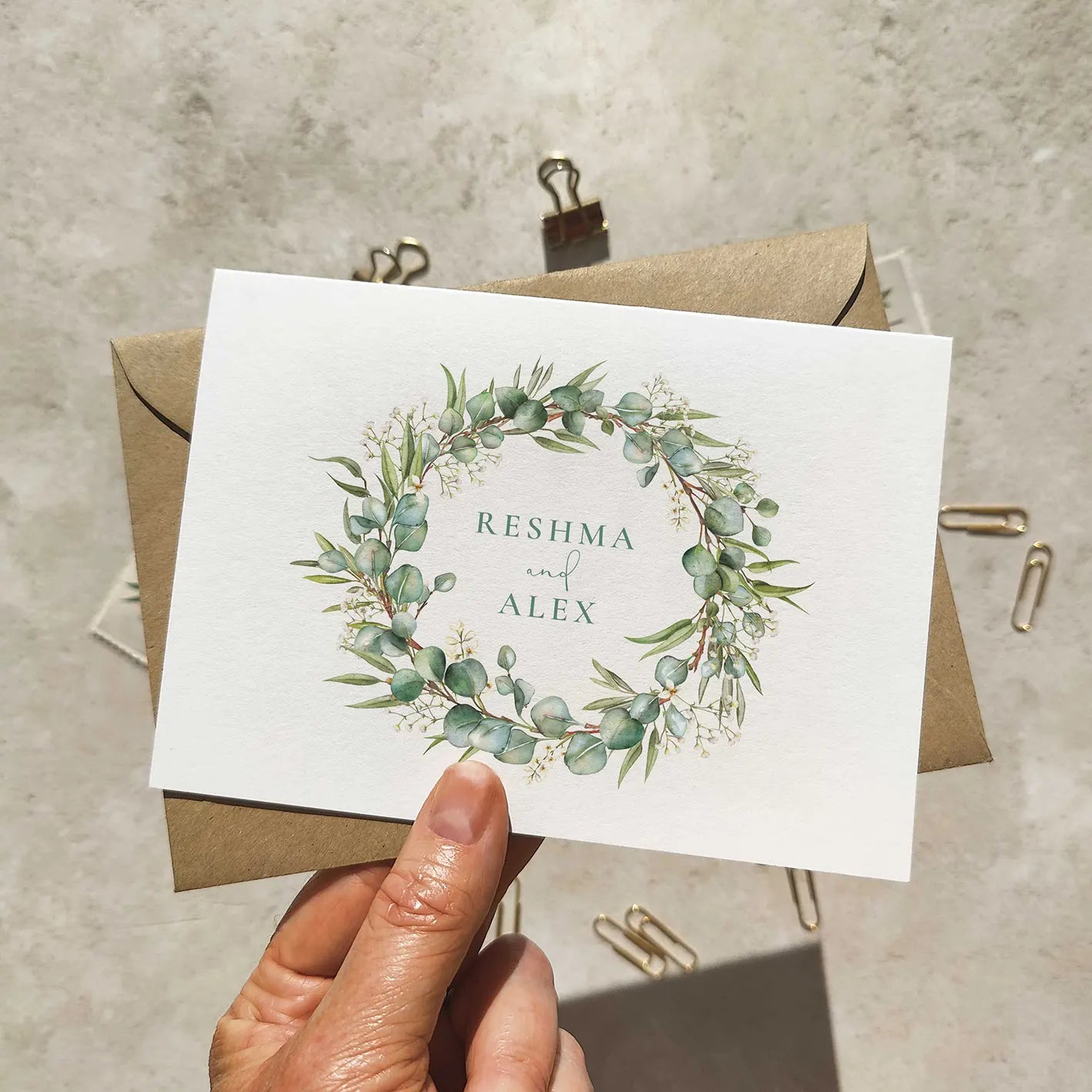 Eucalyptus and Gypsophila A6 Wedding Folded Invitation With Optional Venue Painting