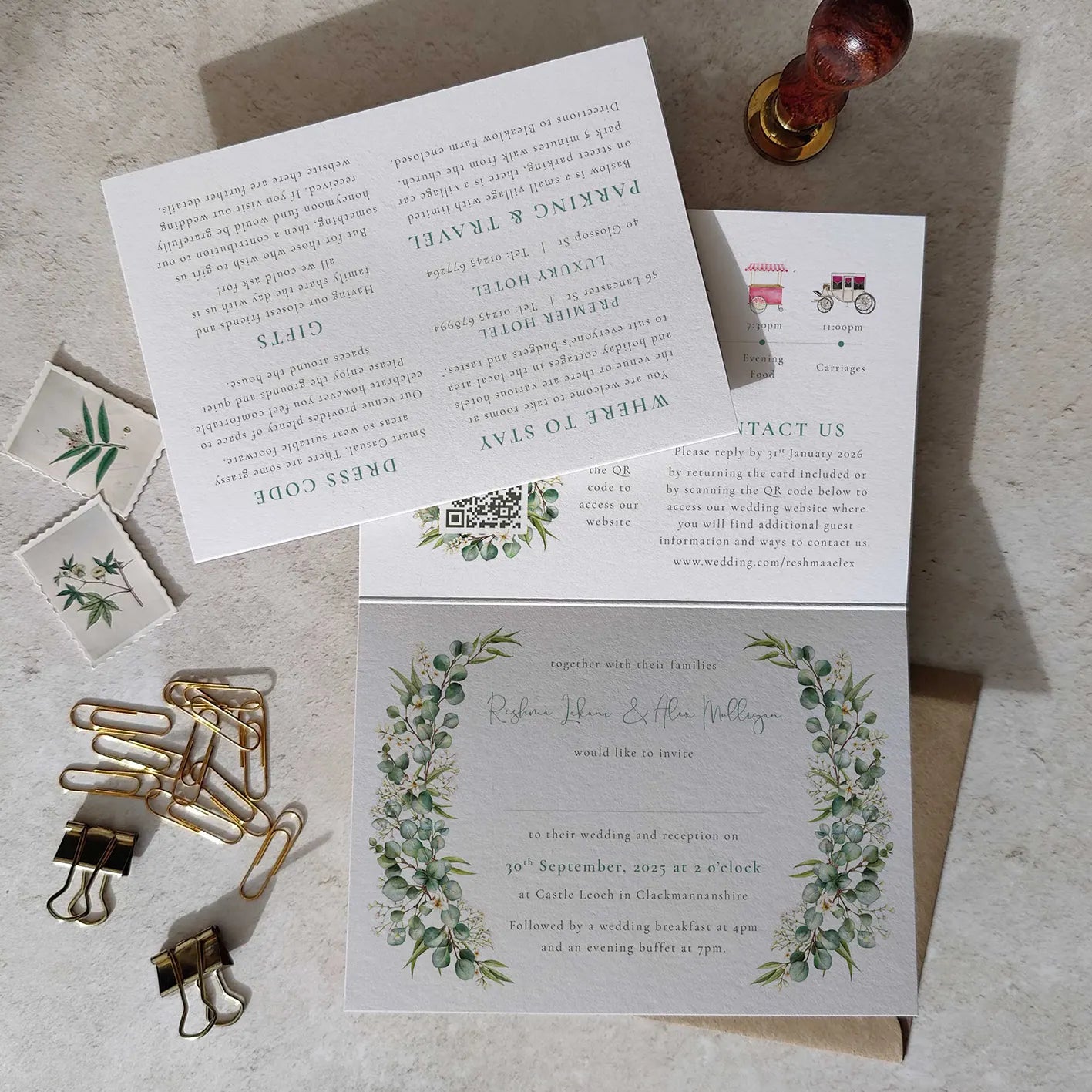Eucalyptus and Gypsophila A6 Wedding Folded Invitation With Optional Venue Painting