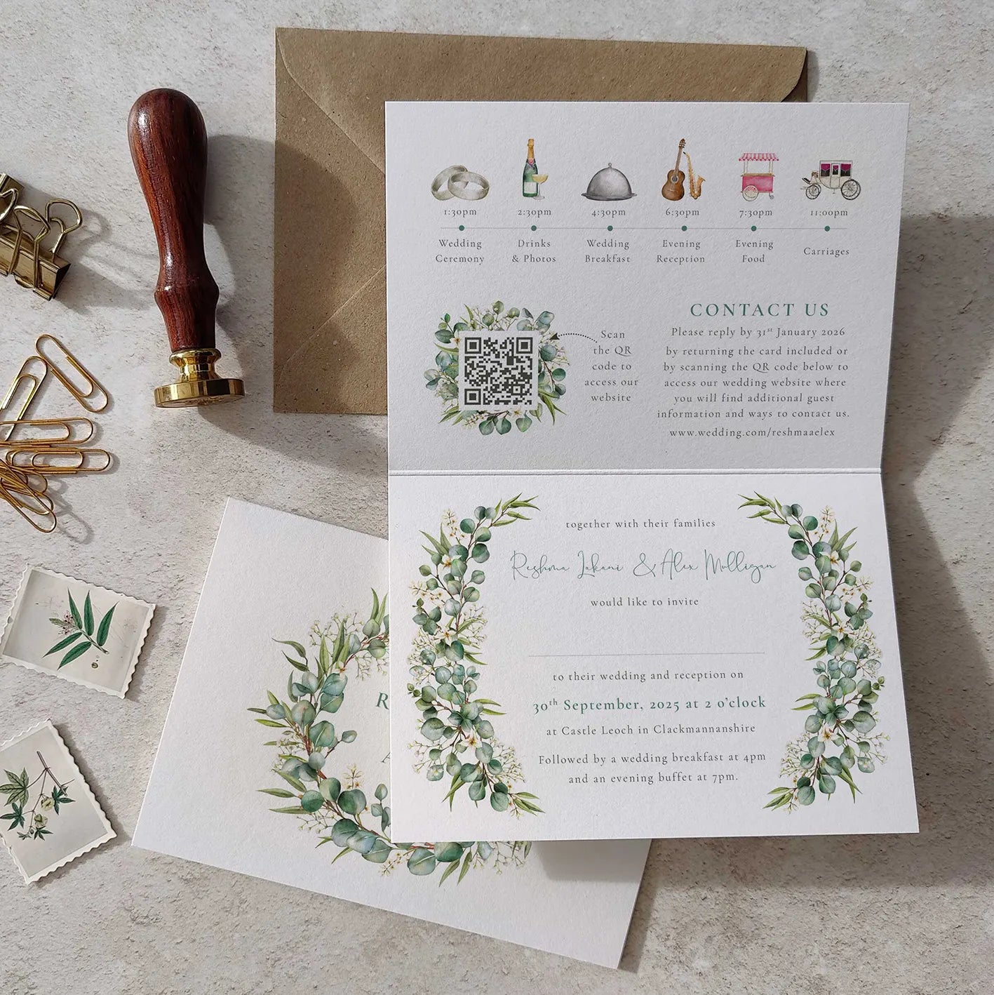 Eucalyptus and Gypsophila A6 Wedding Folded Invitation With Optional Venue Painting