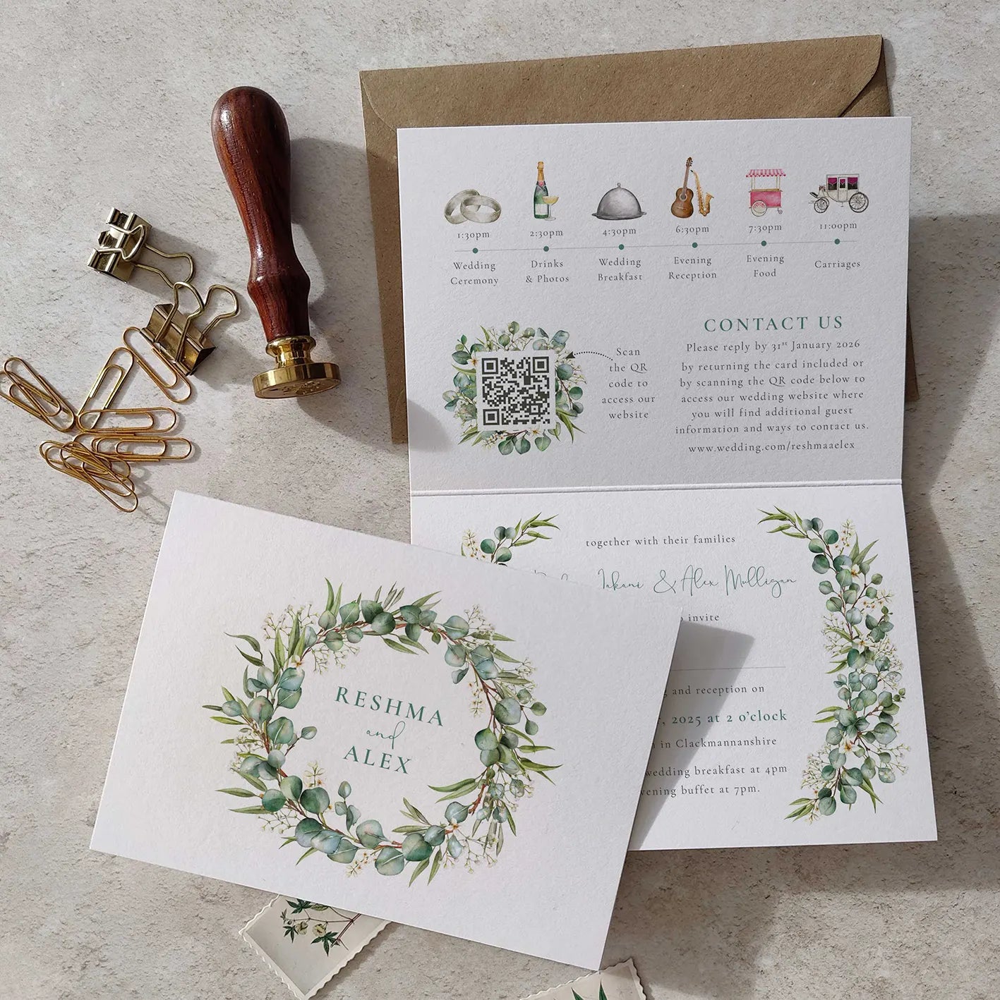 Eucalyptus and Gypsophila A6 Wedding Folded Invitation With Optional Venue Painting