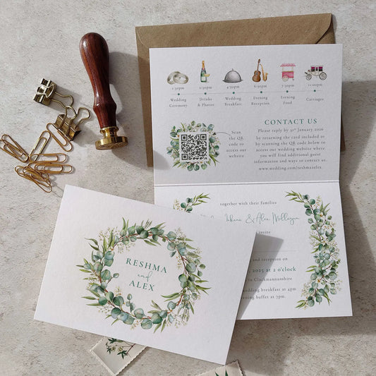 Eucalyptus and Gypsophila A6 Wedding Folded Invitation With Optional Venue Painting